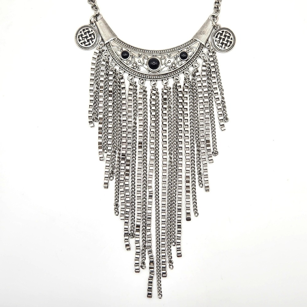 Silver Tone Crescent Bib Necklace Black Cabochon Celtic‎ Knot Multi Chain Fringe